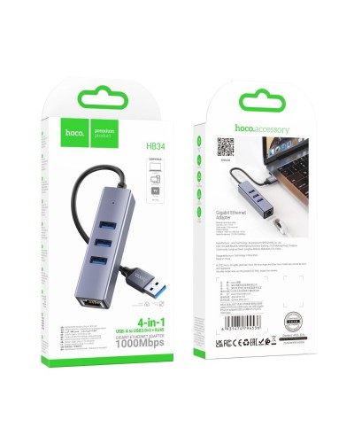 USB Hoco HB34 Easy link Gigabit Ethernet adapter(USB to USB3.0*3+RJ45)