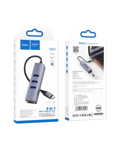 USB Hoco HB34 Easy link Gigabit Ethernet adapter(Type C to USB3.0*3+RJ45)