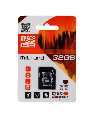 Карта Пам'яті Mibrand MicroSDHC 32gb UHS-1 10 Class & Adapter