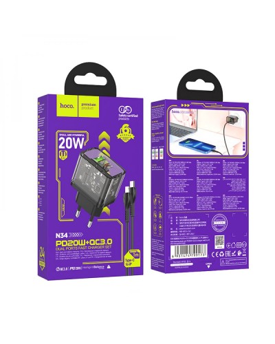 Мережний зарядний пристрій Hoco N34 Dazzling PD20W+QC3.0 Type-C to Lightning