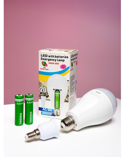 Светодиодная LED лампа с аккумуляторами 2×18650, E27/E14, аварийная 20W