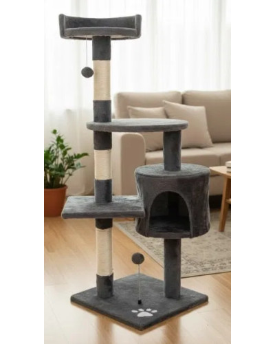 Кошачий домик-когтеточка 115 см с лежанкой и игрушками, темно-серый
