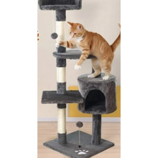 Кошачий домик-когтеточка 115 см с лежанкой и игрушками, темно-серый