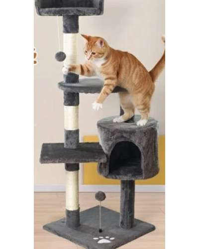 Кошачий домик-когтеточка 115 см с лежанкой и игрушками, темно-серый