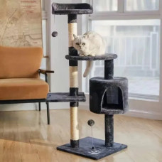 Кошачий домик-когтеточка 115 см с лежанкой и игрушками, темно-серый