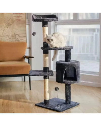 Кошачий домик-когтеточка 115 см с лежанкой и игрушками, темно-серый