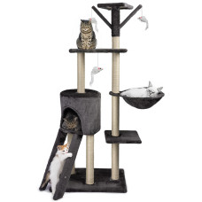 Когтеточка-домик для кошек 140 см с лежанками и игрушками, темно-серая