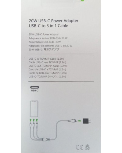 Зарядний блок живлення 20W USB-С Power Adapter + потрійний кабель USB-C to TC/Mi/iP Cable